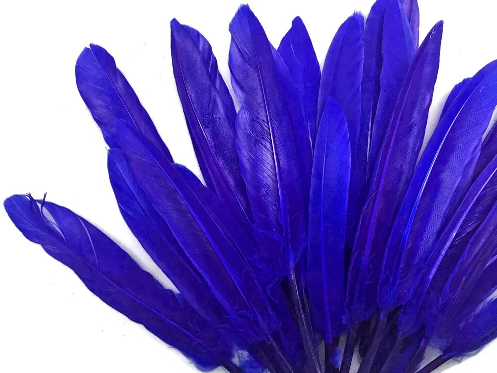 Vibrant royal blue feathers for DIY crafts and fashion accessories on a white background.