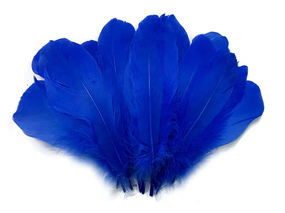 Vibrant cobalt blue feathers for DIY crafts and fashion accessories on a white background.