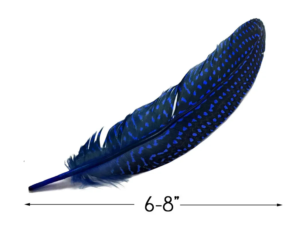 Vibrant blue patterned craft feather, 6-8 inches long, for DIY fashion and decor.