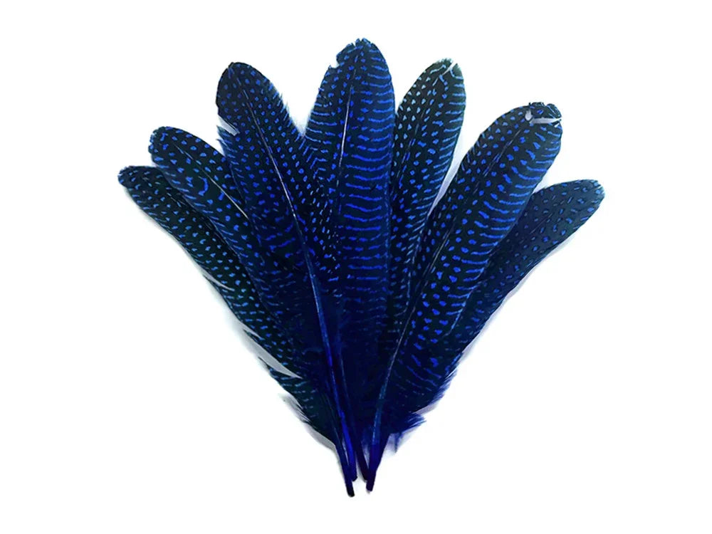 Vibrant cobalt blue patterned feathers for DIY crafts and fashion decor.