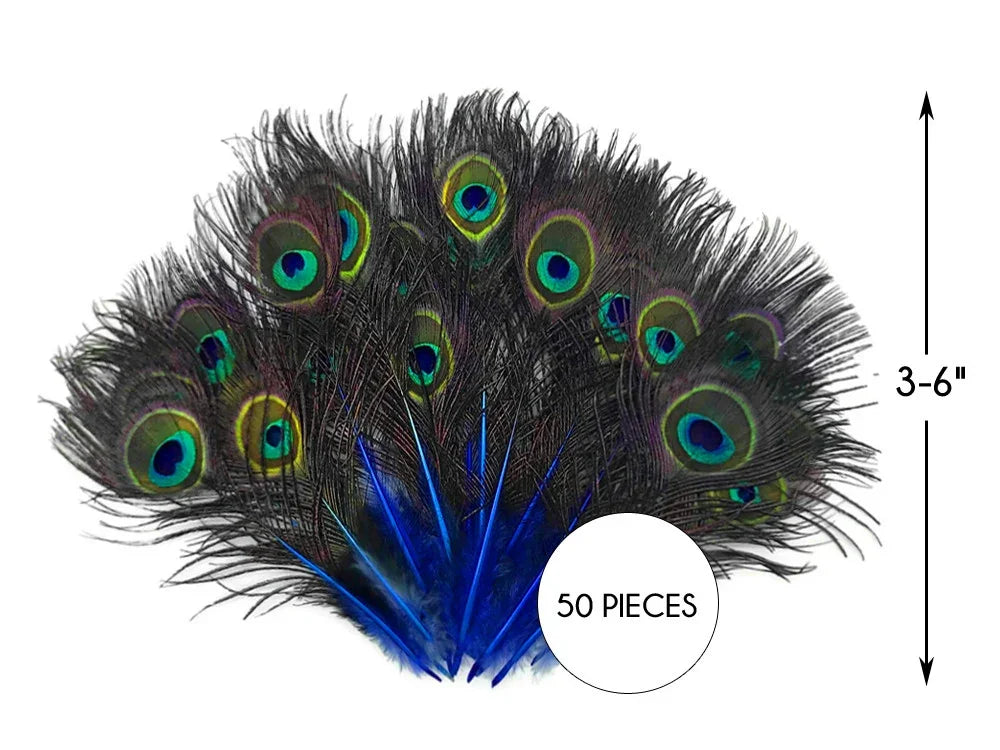 50 pieces of vibrant peacock feathers for crafts and DIY decor, 3-6 inches in length.