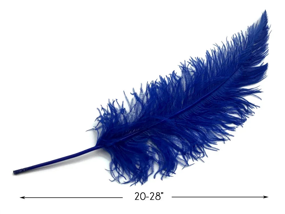 Vibrant blue ostrich feather for crafts and fashion decor, 20-28 inches long.