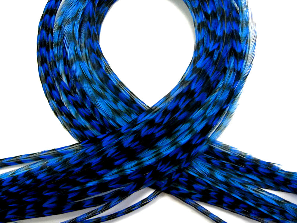 10 Pieces - Royal Blue Thin Long Grizzly Whiting Farm Rooster Saddle Hair Extension Feathers