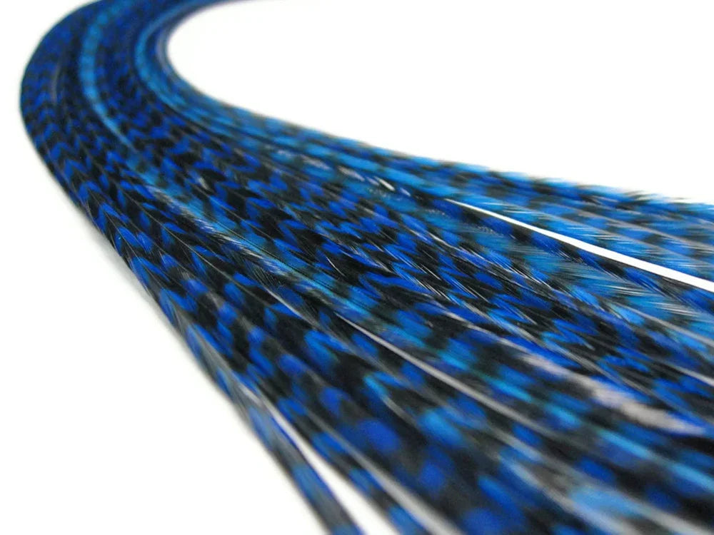 Blue and black patterned craft feathers for DIY fashion and decor accessories.