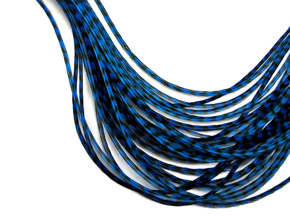 10 Pieces - Royal Blue Thin Long Grizzly Whiting Farm Rooster Saddle Hair Extension Feathers