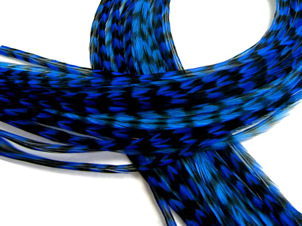 10 Pieces - Royal Blue Thin Long Grizzly Whiting Farm Rooster Saddle Hair Extension Feathers