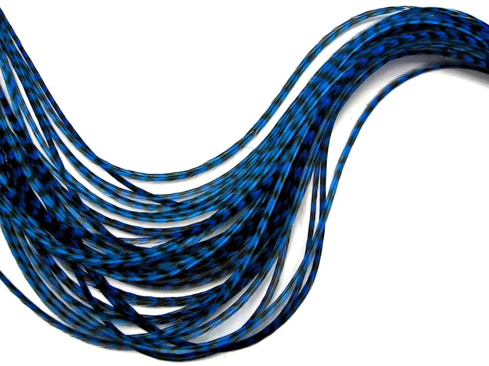 Blue and black patterned craft feathers for DIY fashion and decor accessories.