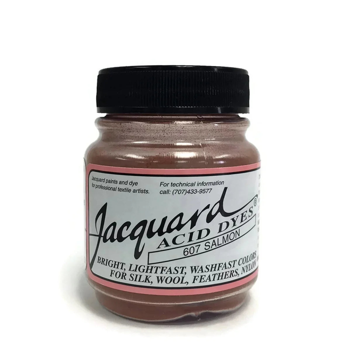 Jacquard 607 Salmon Acid Dye jar for silk, wool, and feathers.