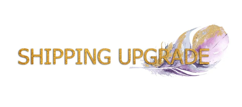 Gold glitter text reading SHIPPING UPGRADE with a purple and gold feather accent.