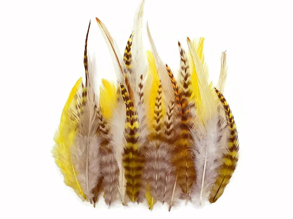 Collection of yellow and brown striped decorative craft feathers on a white background