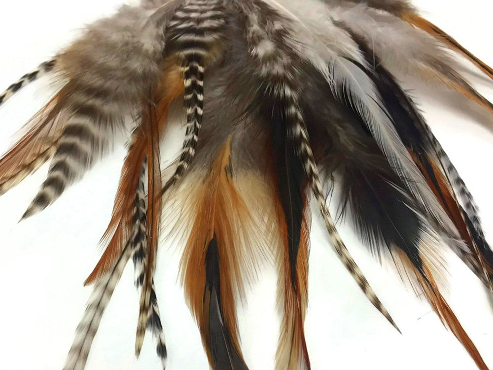 1 Dozen - Short Natural Grizzly Mix Whiting Farm Rooster Saddle Hair Extension Feathers