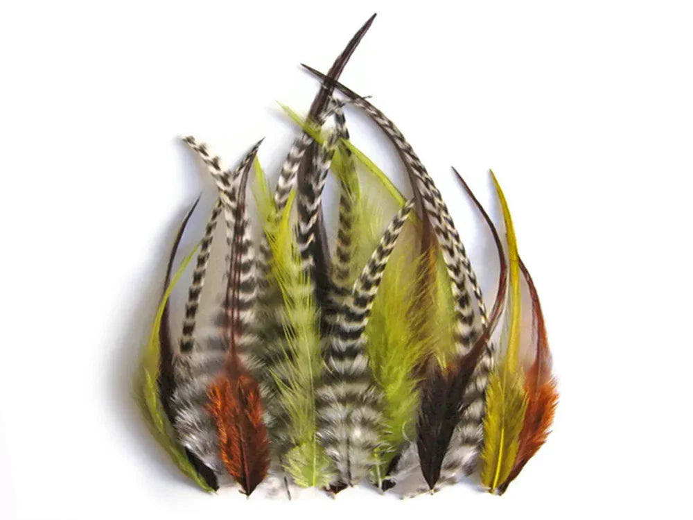 Assorted colorful craft feathers in brown, yellow, and patterned textures for DIY decor.