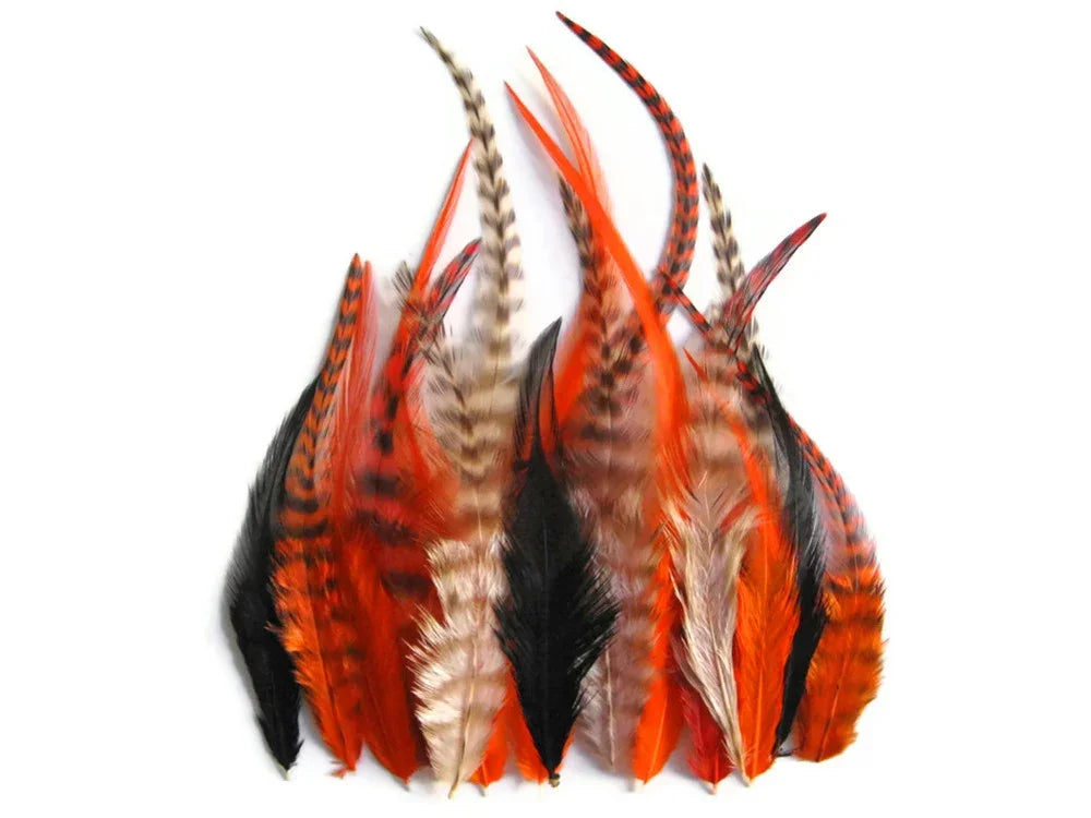Assorted vibrant orange, black, and patterned feathers for DIY crafts and fashion decor.