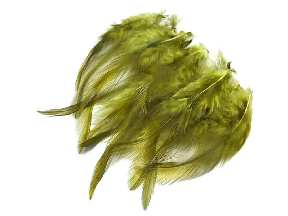 1 Dozen - Short Solid Olive Whiting Farm Rooster Saddle Hair Extension Feathers
