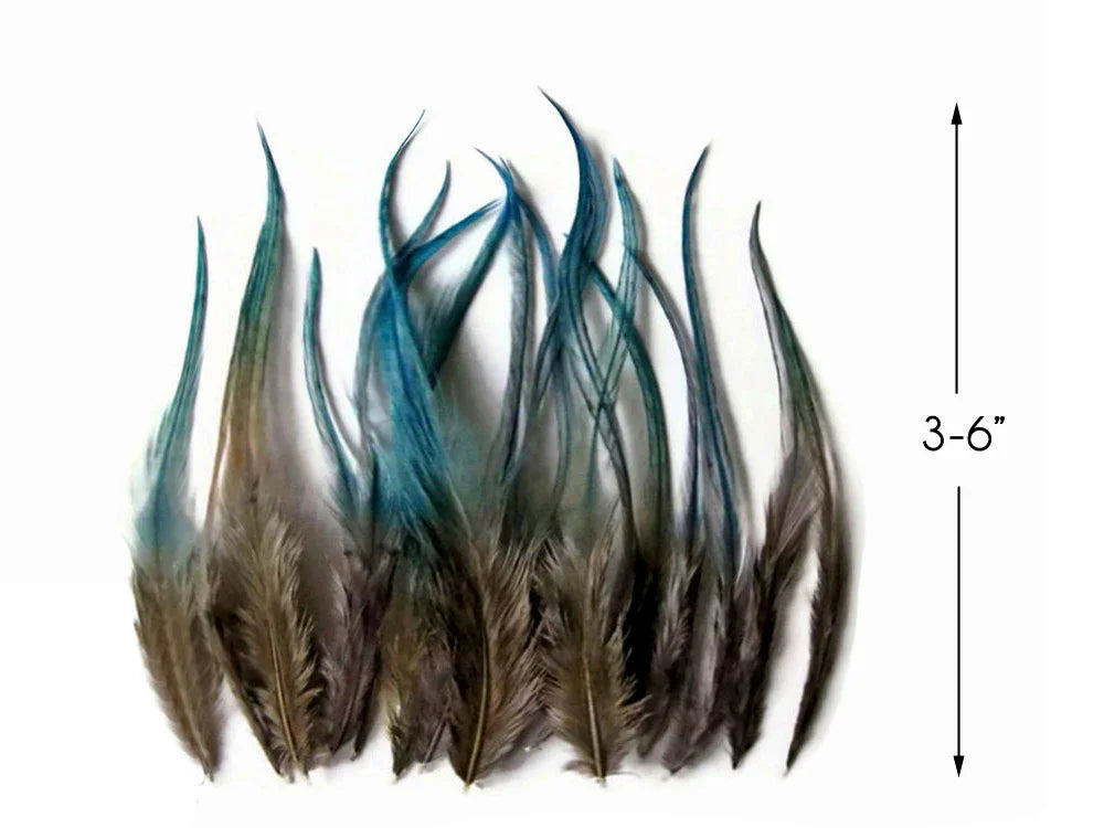 Blue and brown craft feathers for DIY fashion and decor, 3-6 inches long.