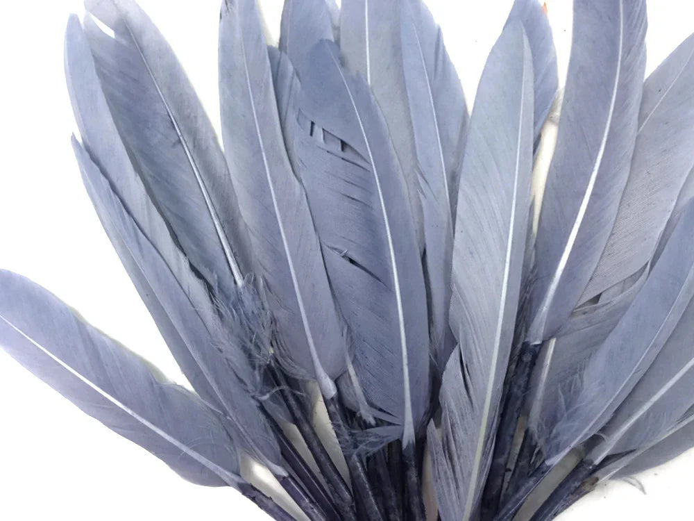 A bouquet of long, elegant grey feathers for DIY crafts and fashion decor.
