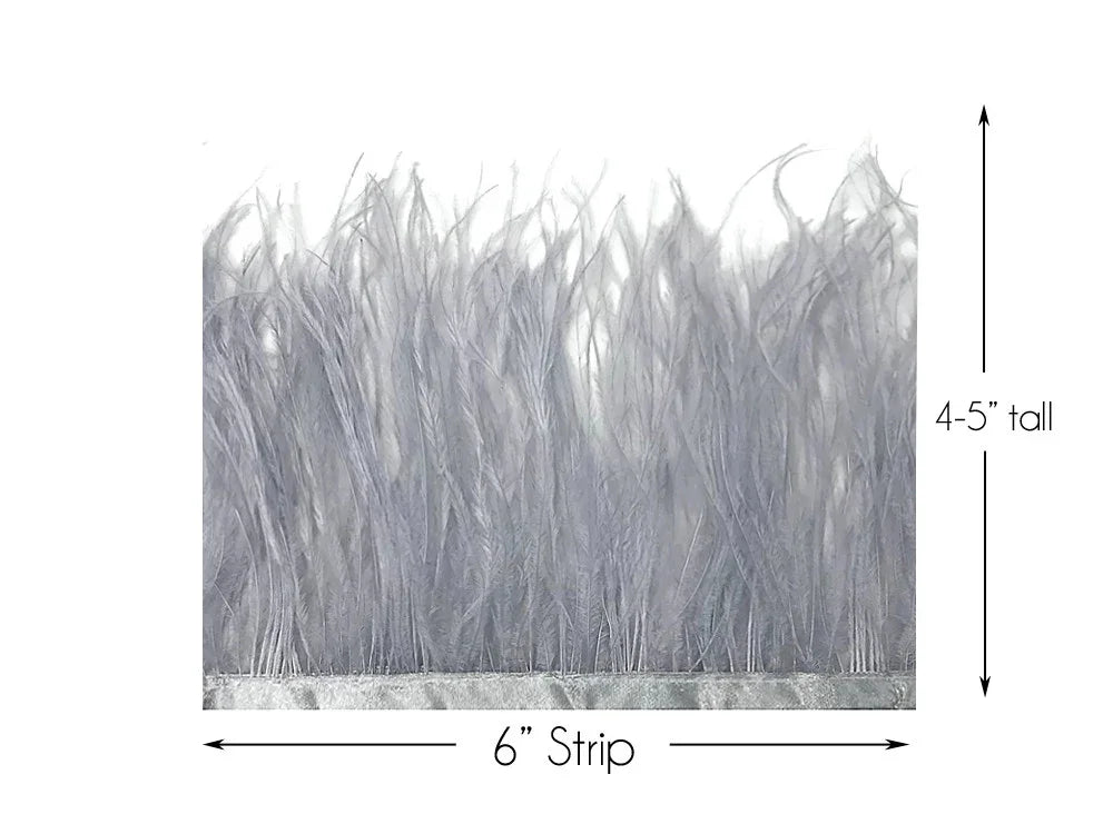 6 inch strip of 4-5 inch tall grey decorative feathers for crafts and DIY decor.