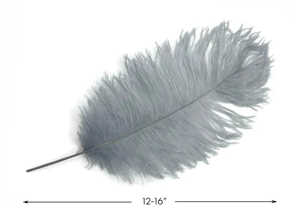 Large grey ostrich feather for crafts and fashion decor, 12-16 inches long