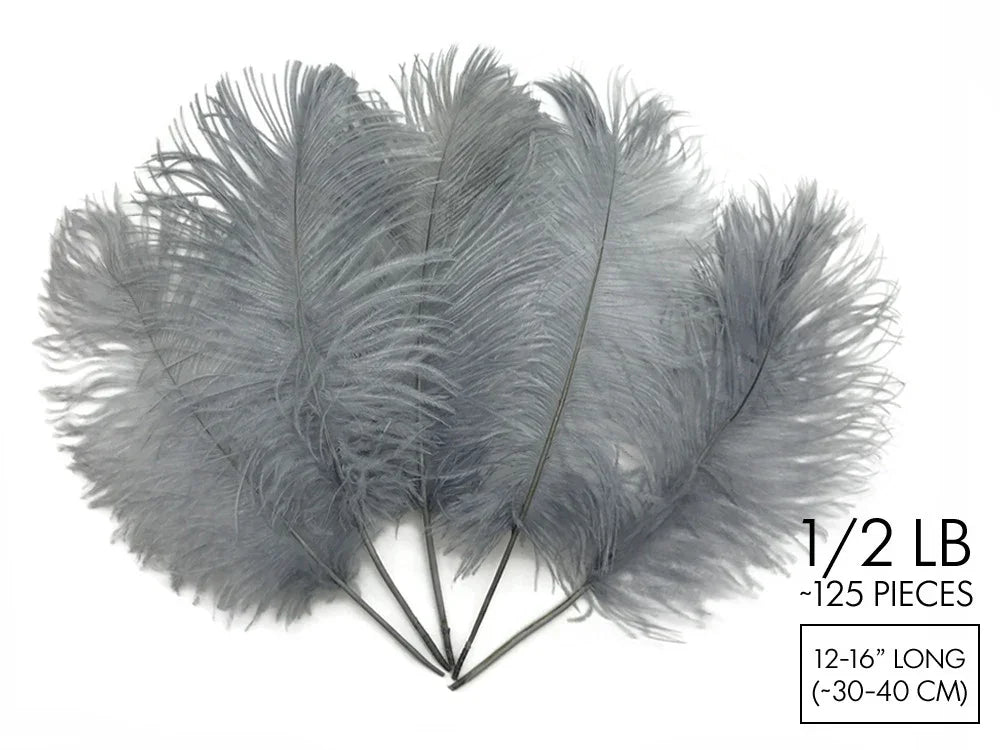 Bundle of 125 grey ostrich feathers for crafts and fashion decor, 12-16 inches long.