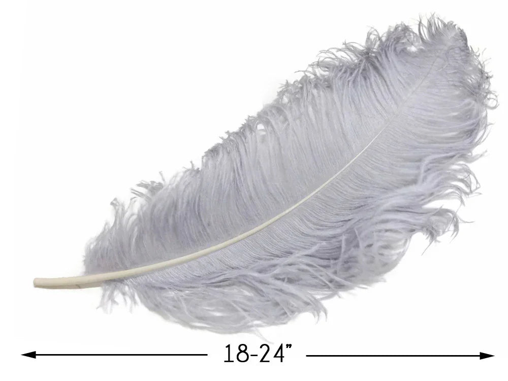 Large soft grey ostrich feather for crafts and fashion decor, 18-24 inches long.
