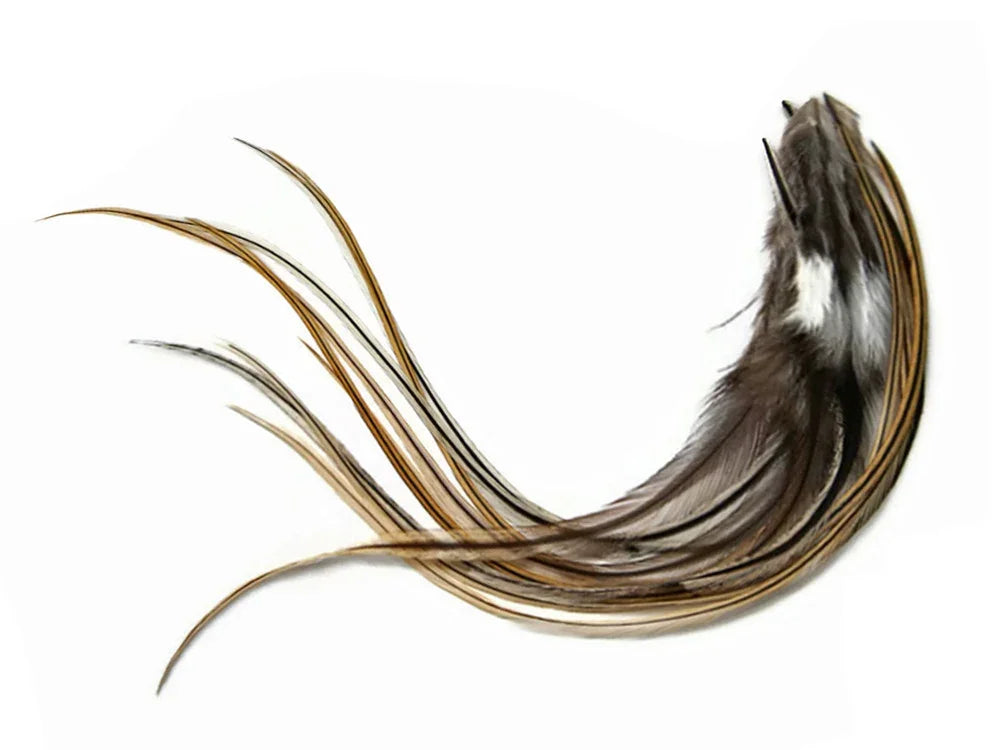 Long brown and tan decorative feathers for DIY crafts and fashion accessories.