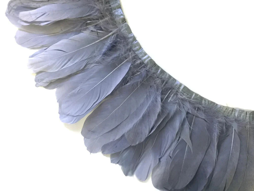Grey feather trim strip for DIY fashion, crafts, and costume decoration.