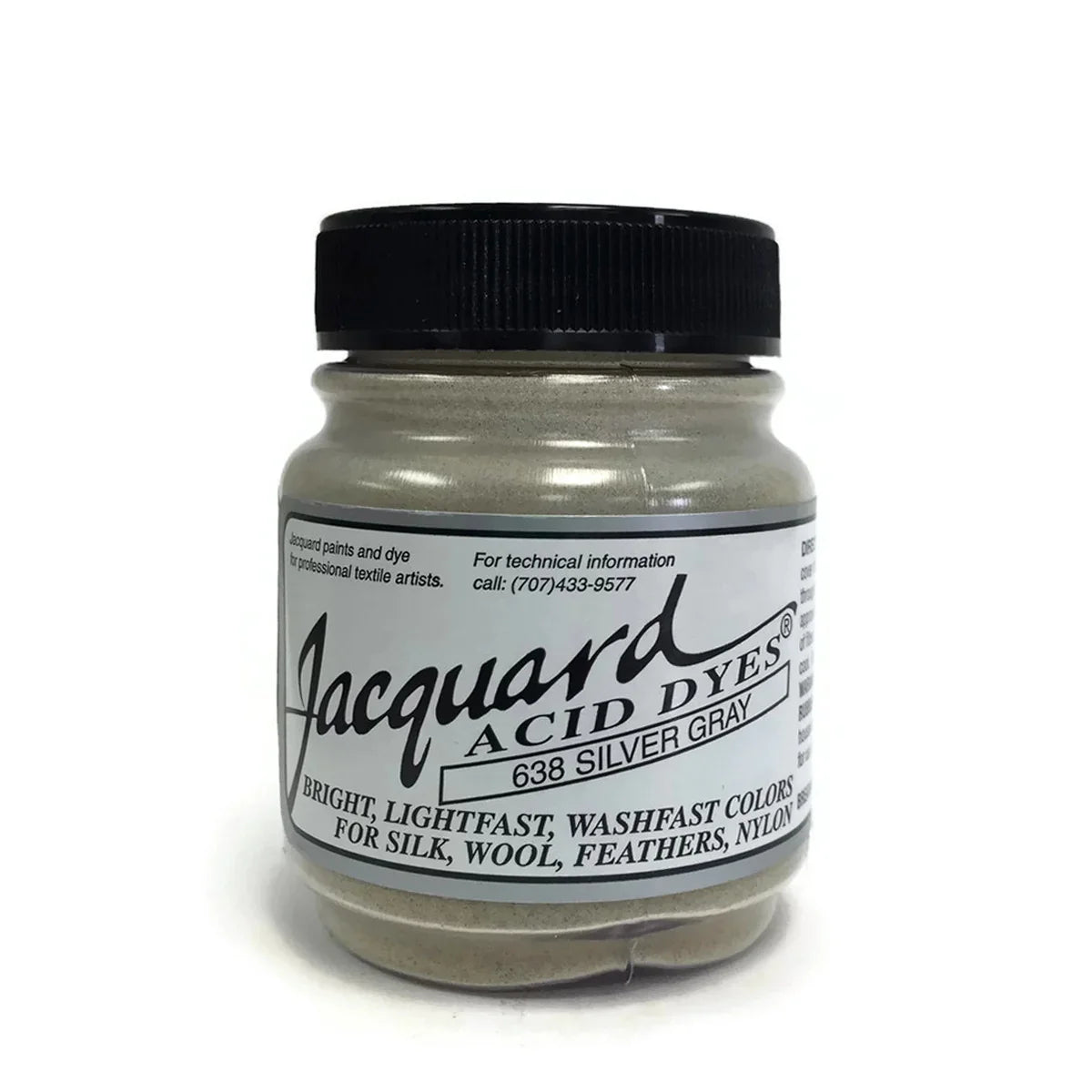 Jacquard Acid Dyes in 638 Silver Gray for silk, wool, feathers, and nylon.