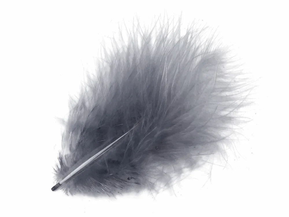 Soft grey fluffy feather for DIY crafts and fashion accessories on a white background.