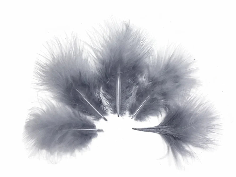 Soft grey fluffy feathers for DIY crafts and fashion decor on a white background.