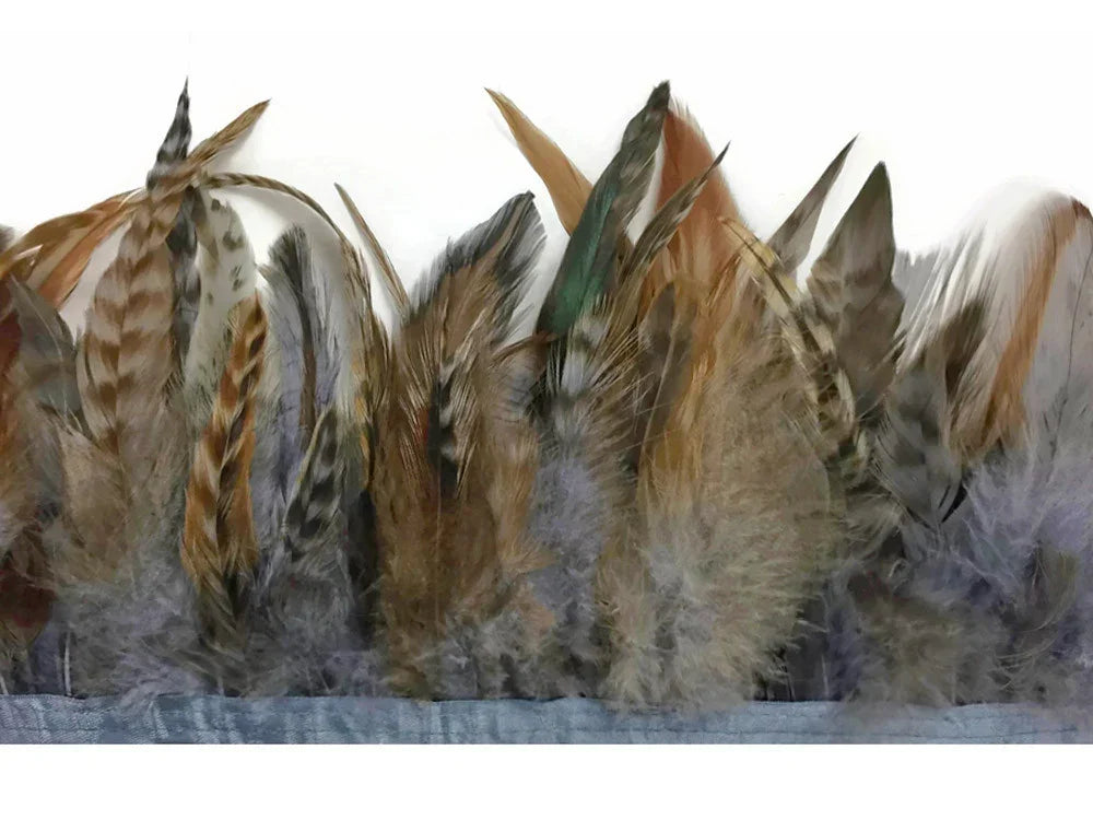 Assorted natural brown and grey feathers for DIY crafts and fashion decor.