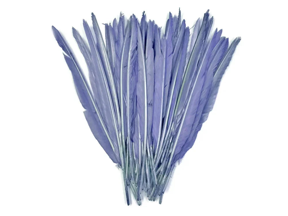 Bundle of long light blue feathers for DIY crafts and fashion accessories.