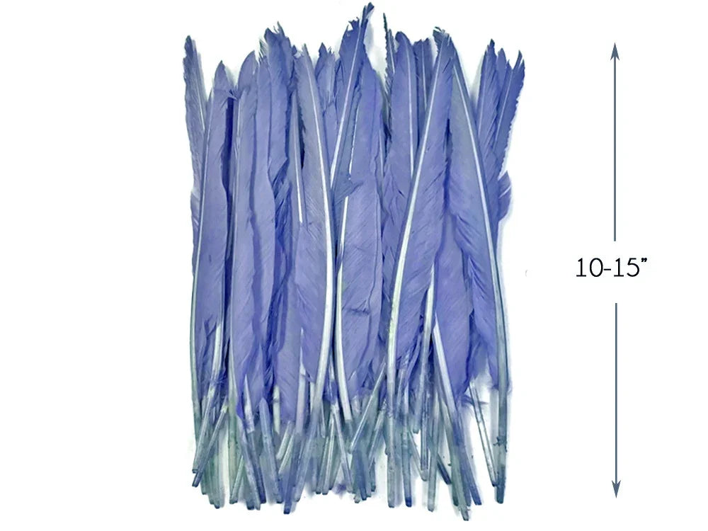 Bundle of long blue craft feathers, 10-15 inches in length for DIY fashion and decor.