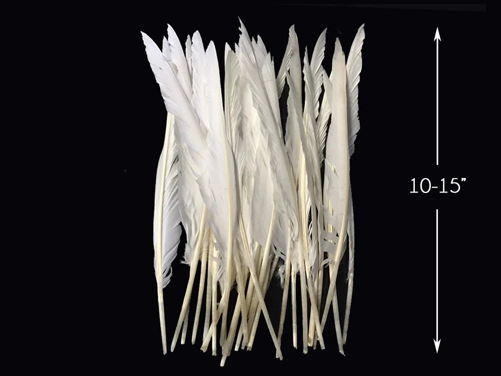 Bundle of long white craft feathers, 10-15 inches in length, for DIY fashion and decor.