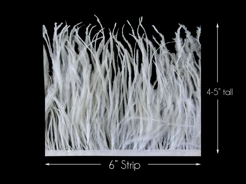 White ostrich feather boa trim, 6-inch strip and 4-5 inches tall on a black background