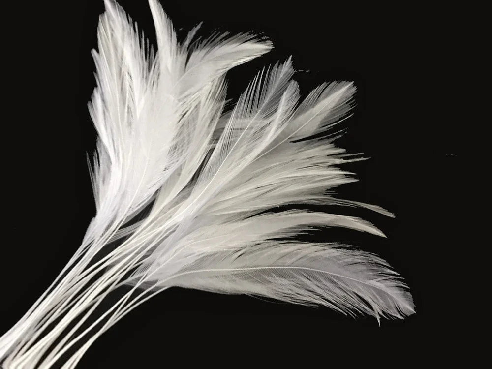 Elegant white decorative feathers for crafts and fashion accessories on a black background.