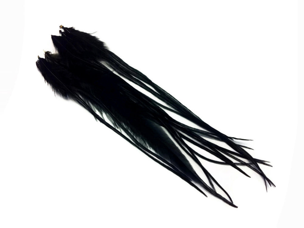 1 Dozen - Medium Solid Black Rooster Saddle Whiting Hair Extension Feathers