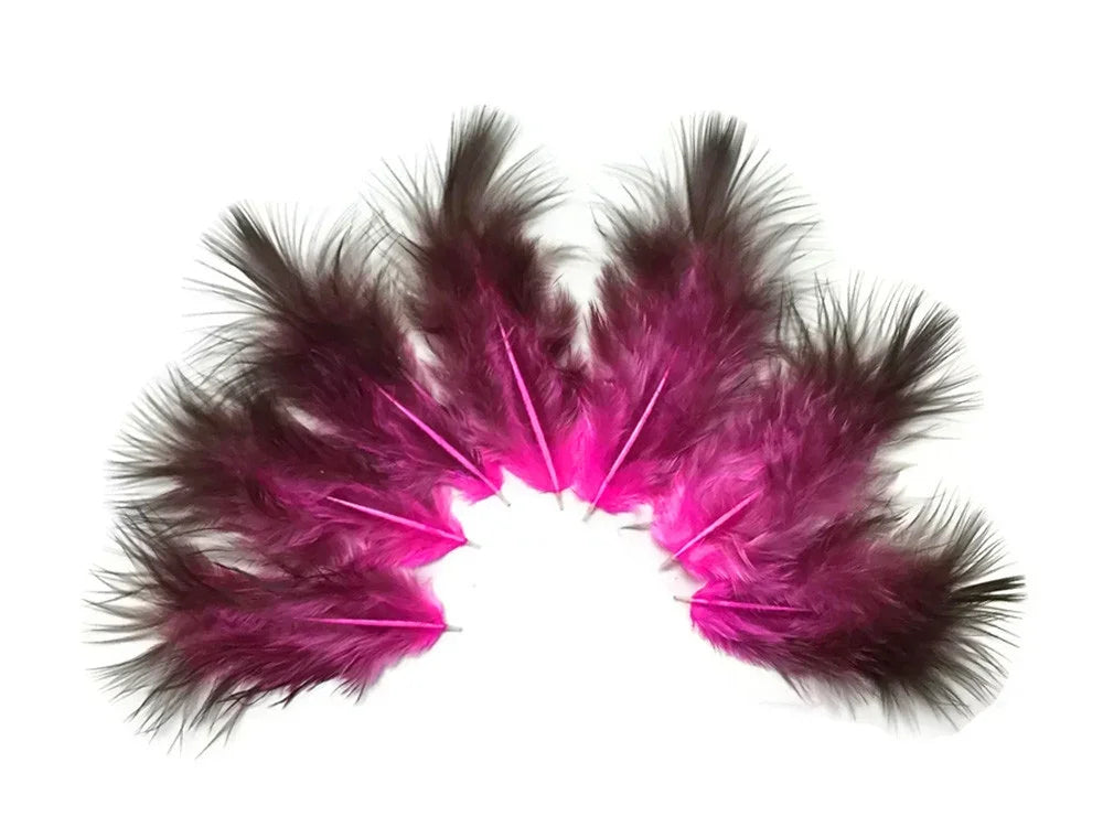 Vibrant pink and black dyed feathers for DIY crafts and fashion accessories.