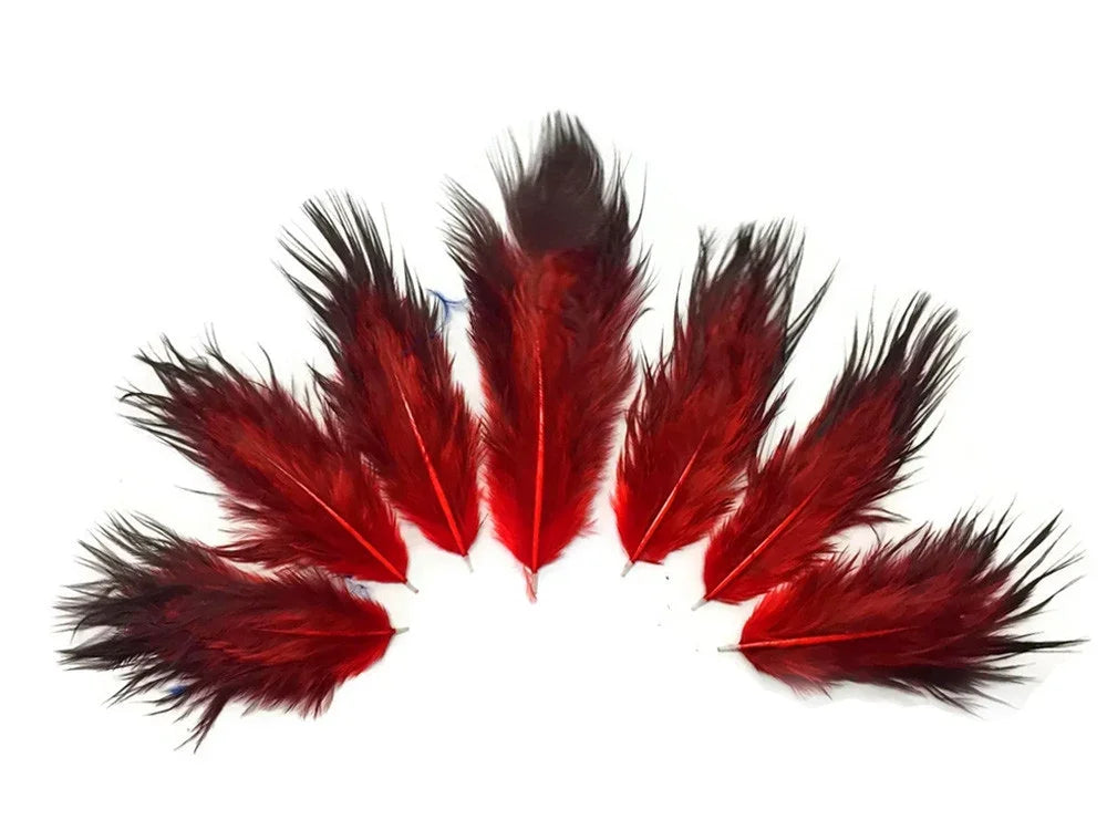 Seven vibrant red and black dyed feathers arranged in a fan shape on a white background.