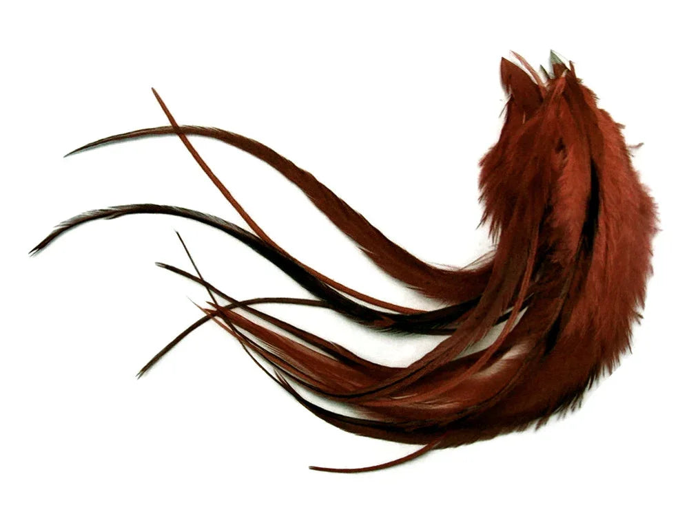 Long reddish-brown decorative feathers for crafts and fashion DIY supplies.