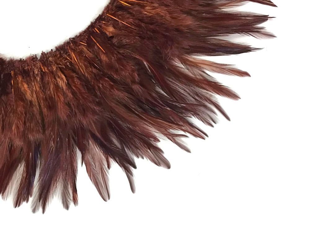 4 Inch Strip – 4-6” Dyed Brown Strung Chinese Rooster Saddle Feathers