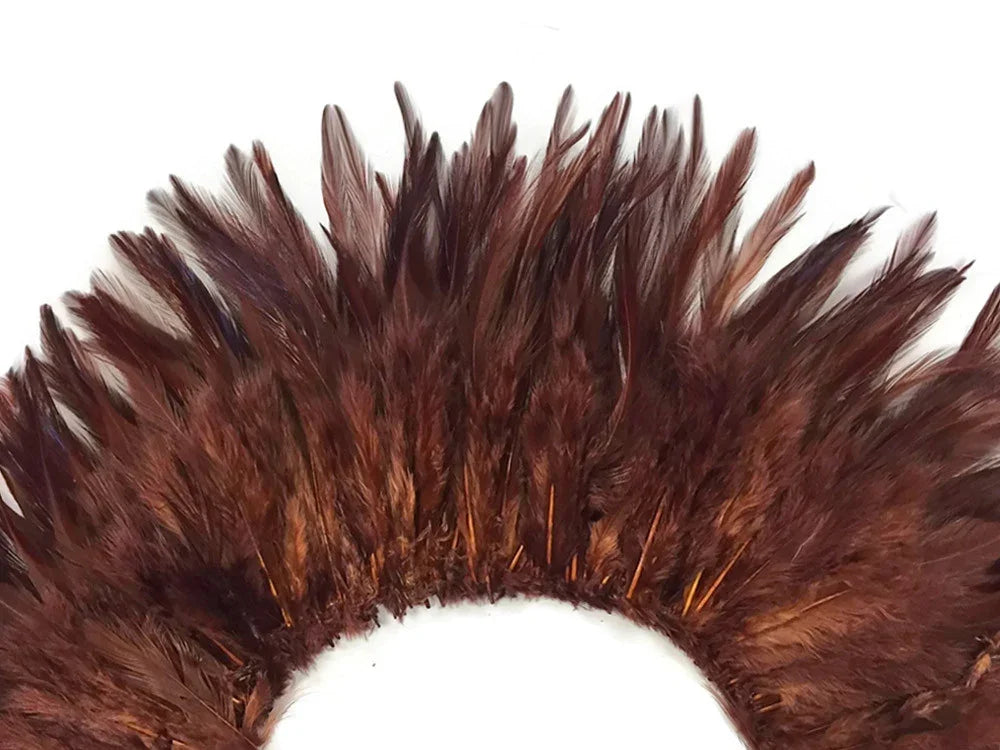 Rich brown natural feathers arranged in a decorative plume pattern for crafts and fashion.
