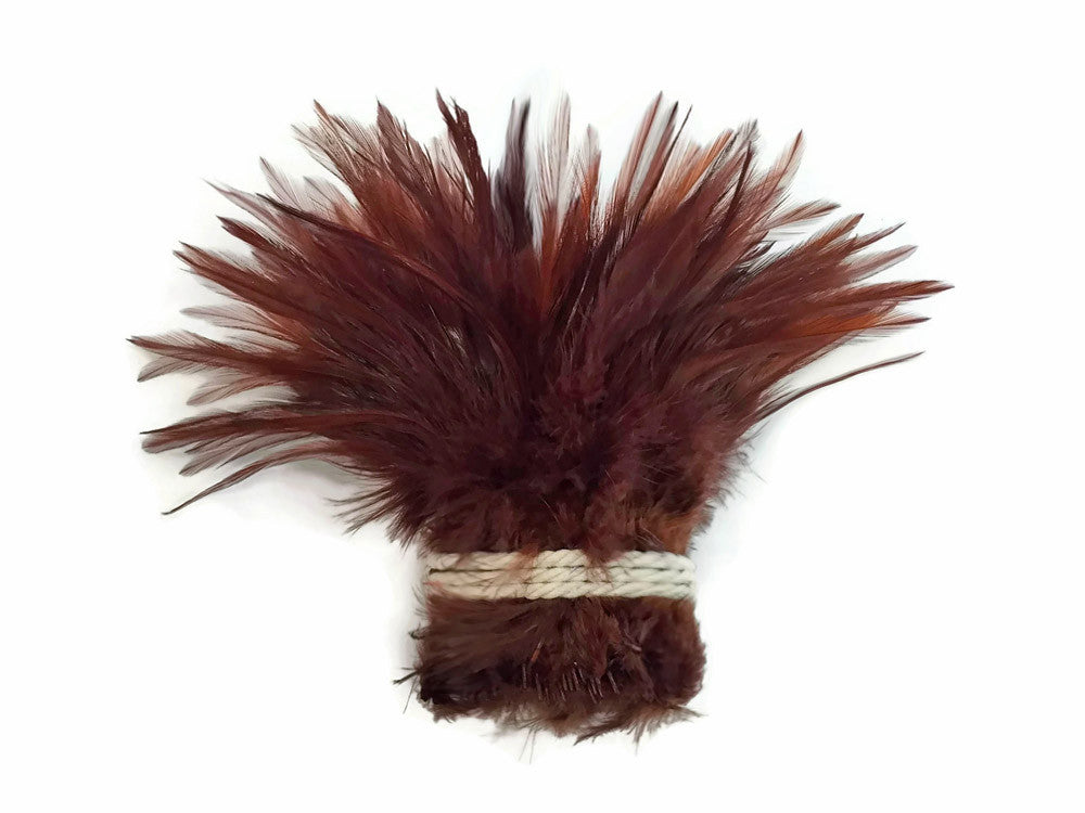 4 Inch Strip – 4-6” Dyed Brown Strung Chinese Rooster Saddle Feathers