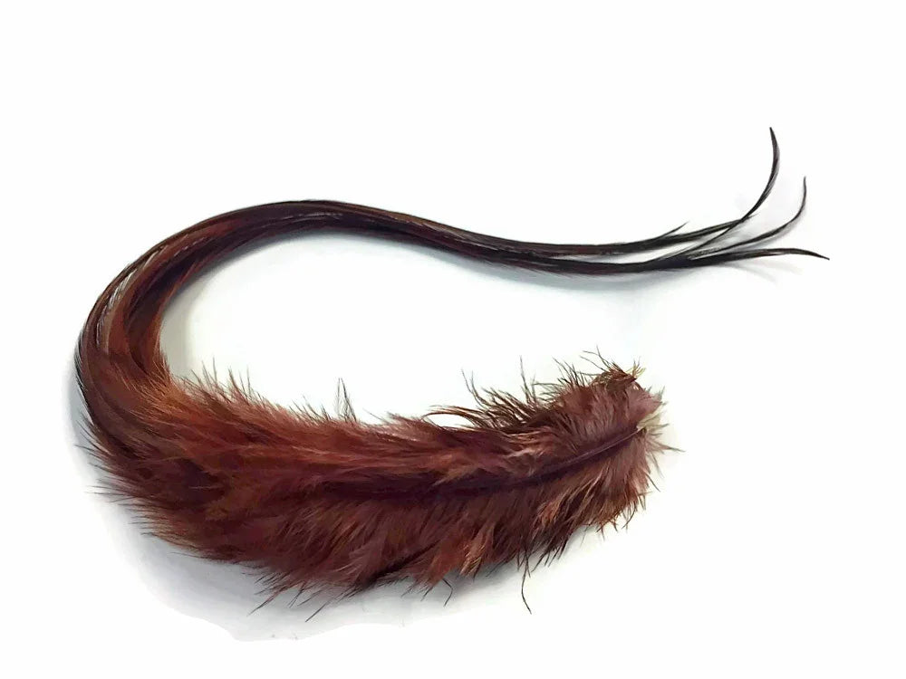 Long reddish-brown decorative feathers for crafts and fashion DIY supplies.