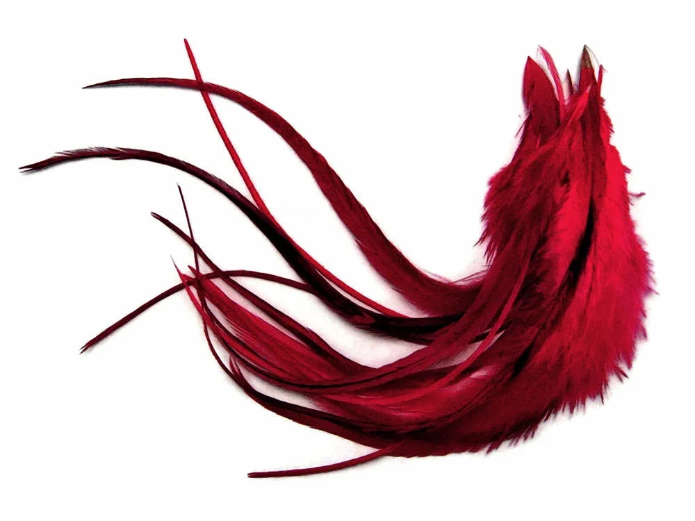 Vibrant deep red feathers for DIY crafts and fashion accessories on a white background.