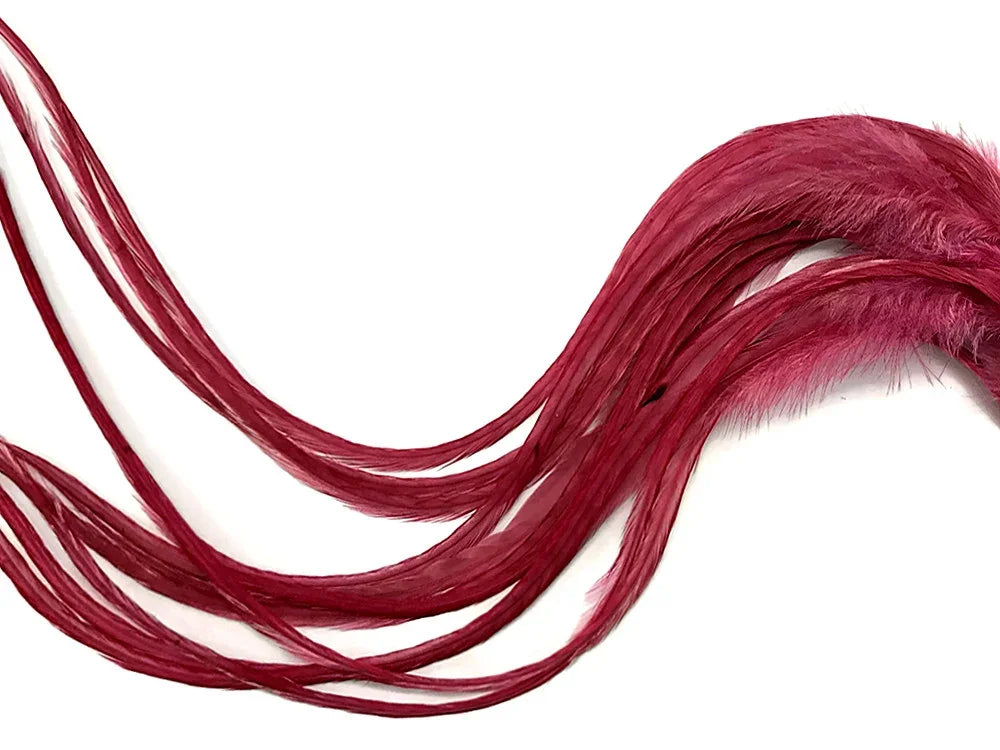 Long, flowing deep red feathers for fashion and DIY craft projects.
