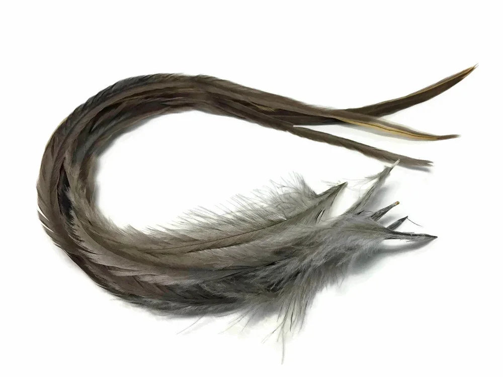 Natural grey and brown long feathers for DIY crafts and fashion accessories.