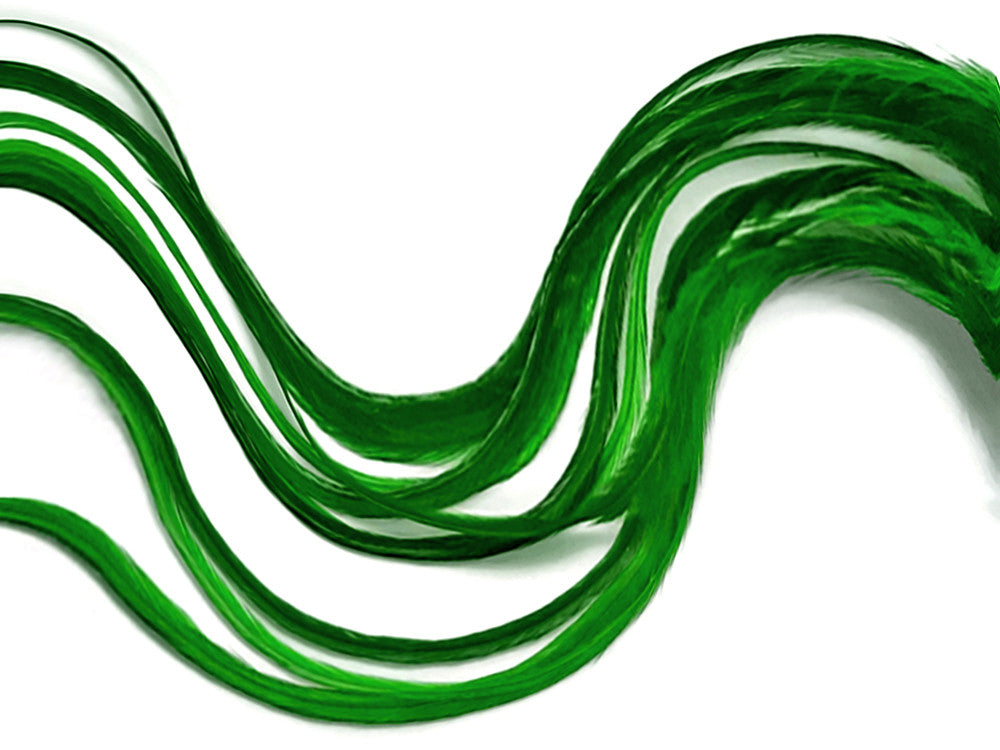 6 Pieces - XL Solid Kelly Green Thick Long Grizzly Whiting Farm Rooster Saddle Hair Extension Feathers