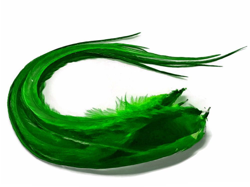 6 Pieces - XL Solid Kelly Green Thick Long Grizzly Whiting Farm Rooster Saddle Hair Extension Feathers