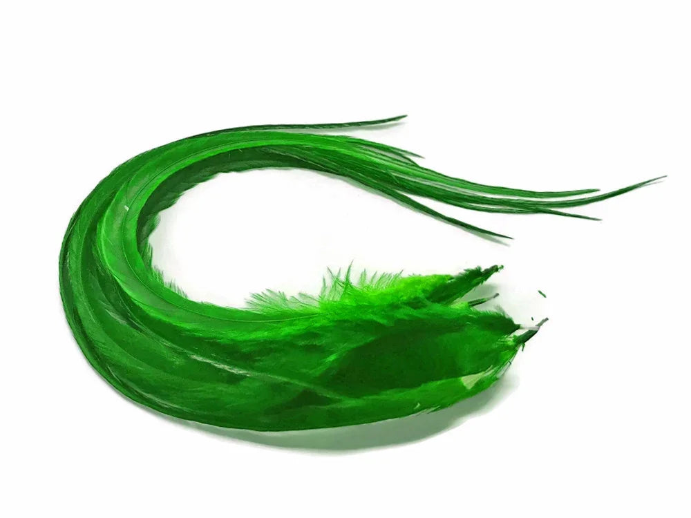 Vibrant green dyed feathers for DIY crafts and fashion accessories on a white background.