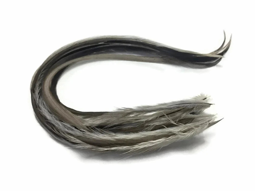Curved grey and white striped feathers for crafts and decor on a white background